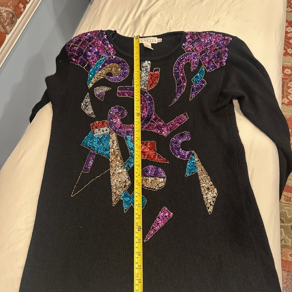 Colorful Vintage Silk blend Geometric Holiday Sequin Sweater - Picture 3 of 12